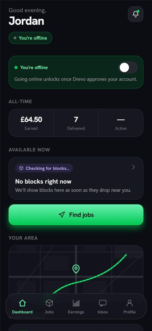 The Drevo courier app home: online toggle, all-time earnings, find jobs button and a live map of your area.