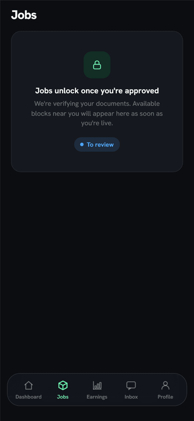 The Drevo courier app jobs screen showing jobs locked until the courier is approved by Drevo.