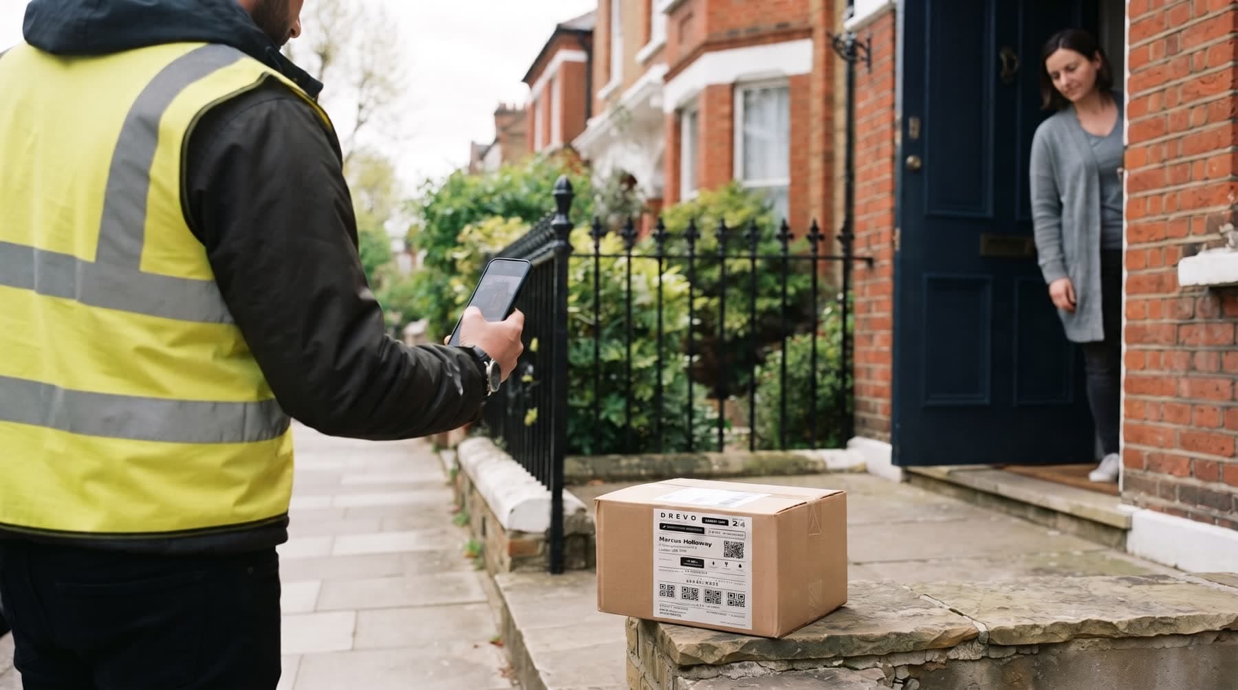 A courier in a high-visibility vest photographing a just-delivered Drevo parcel on a London doorstep, the resident watching from the open door.
